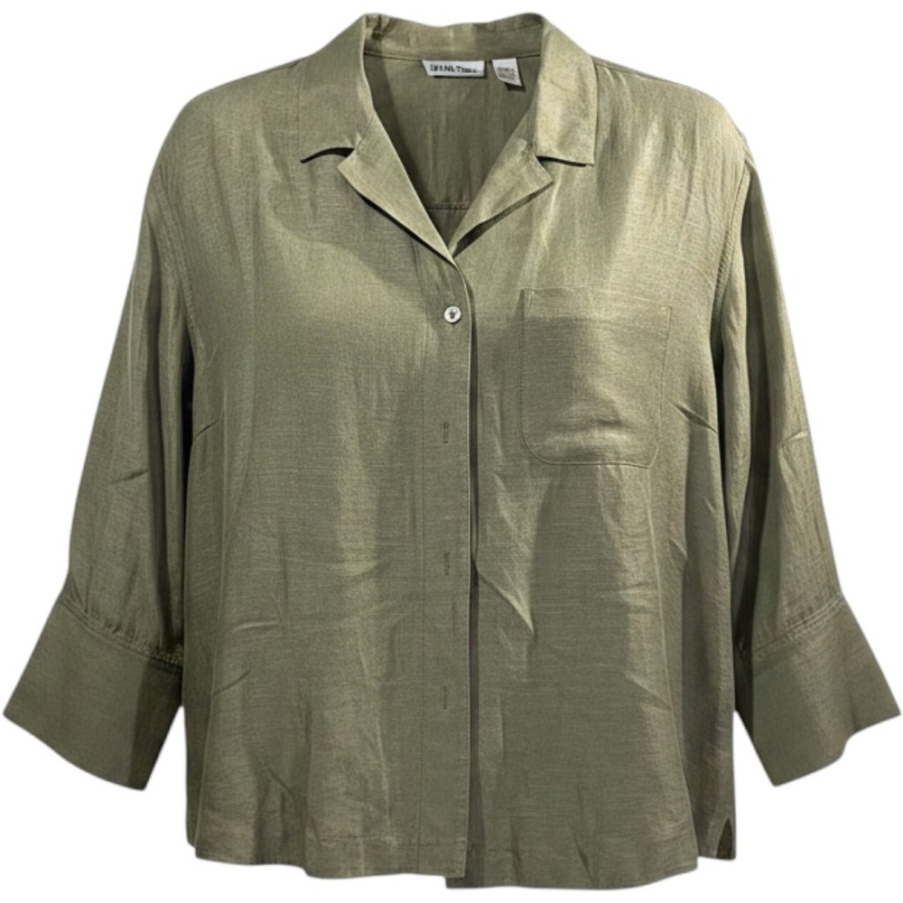 Chicos Design Olive Green Linen Silk Blend Button Down Shirt Size 1 M L Pocket